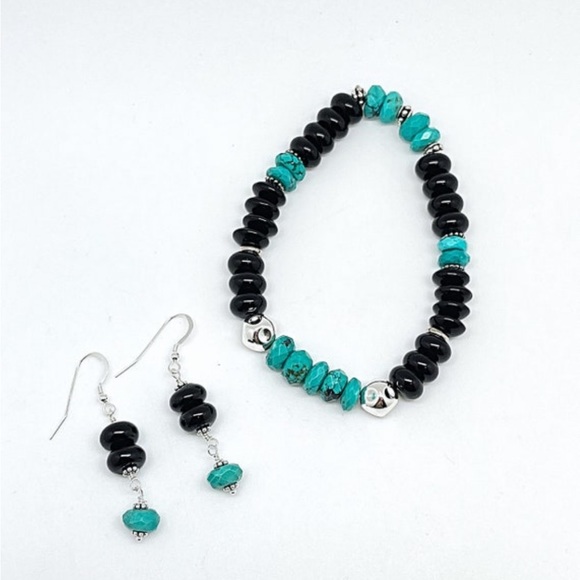 Unisex Turquoise & Black Onyx Bracelet & Earrings, Sterling Silver, NWT, 6.5”-9” - Picture 3 of 9